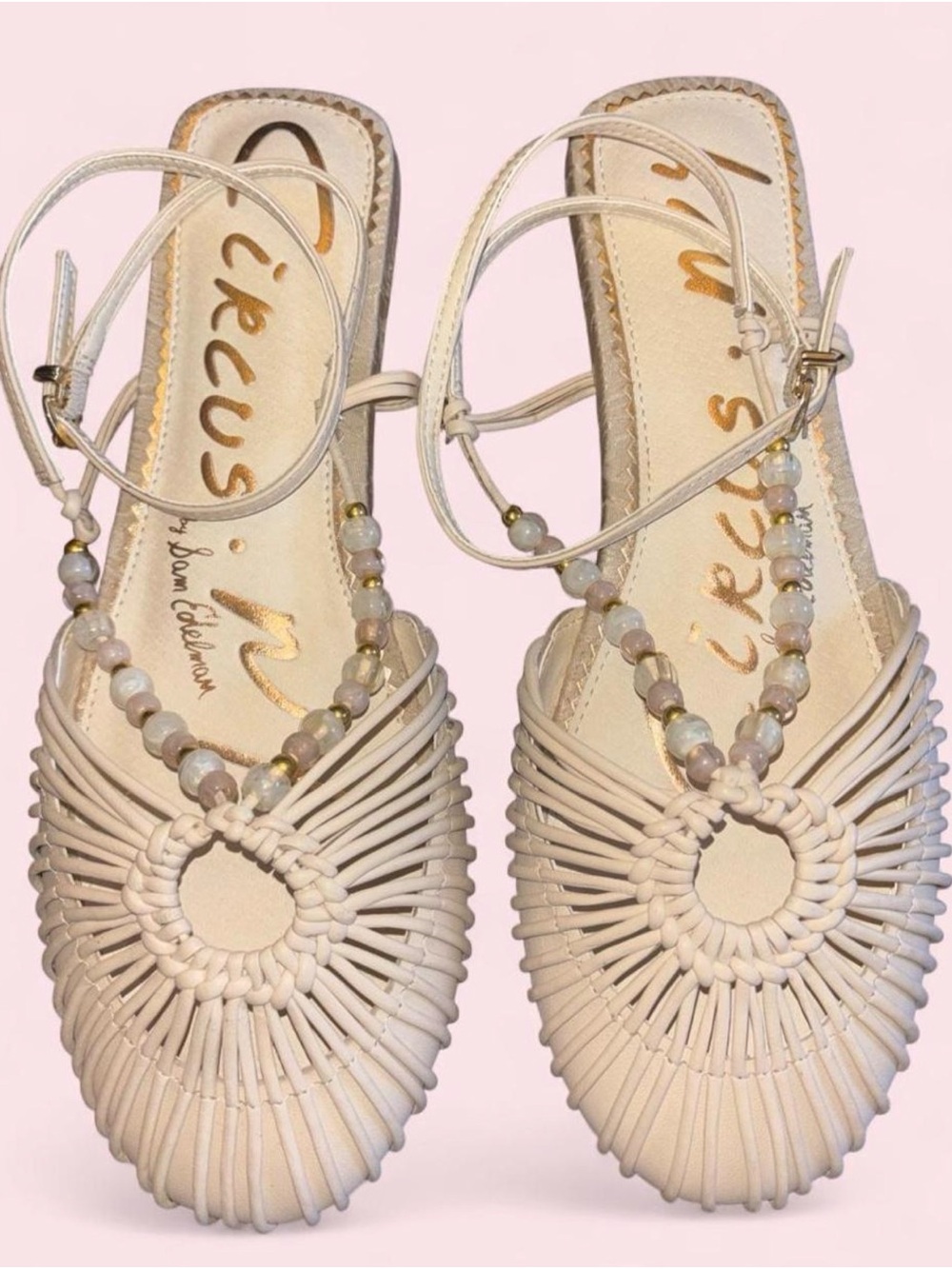 Circus by Sam Edelman Cream Woven Beaded T-Strap Sandals